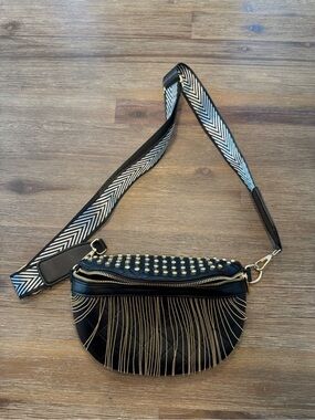 Black Studded Crossbody Belt Bag with Patterned Strap
